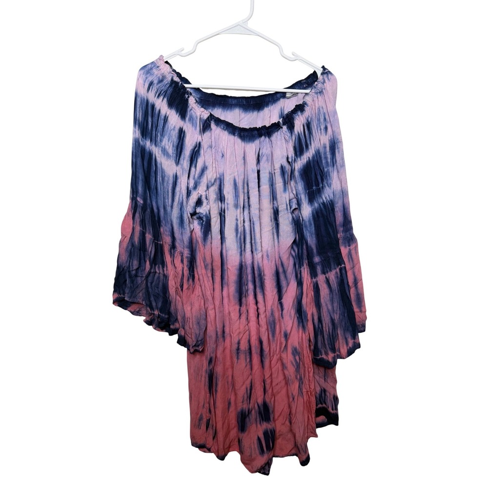Ace Fashion Womens 2X Tie Dye‎ Off Shoulder Bell Sleeve Tunic Top Blue Pink Boho